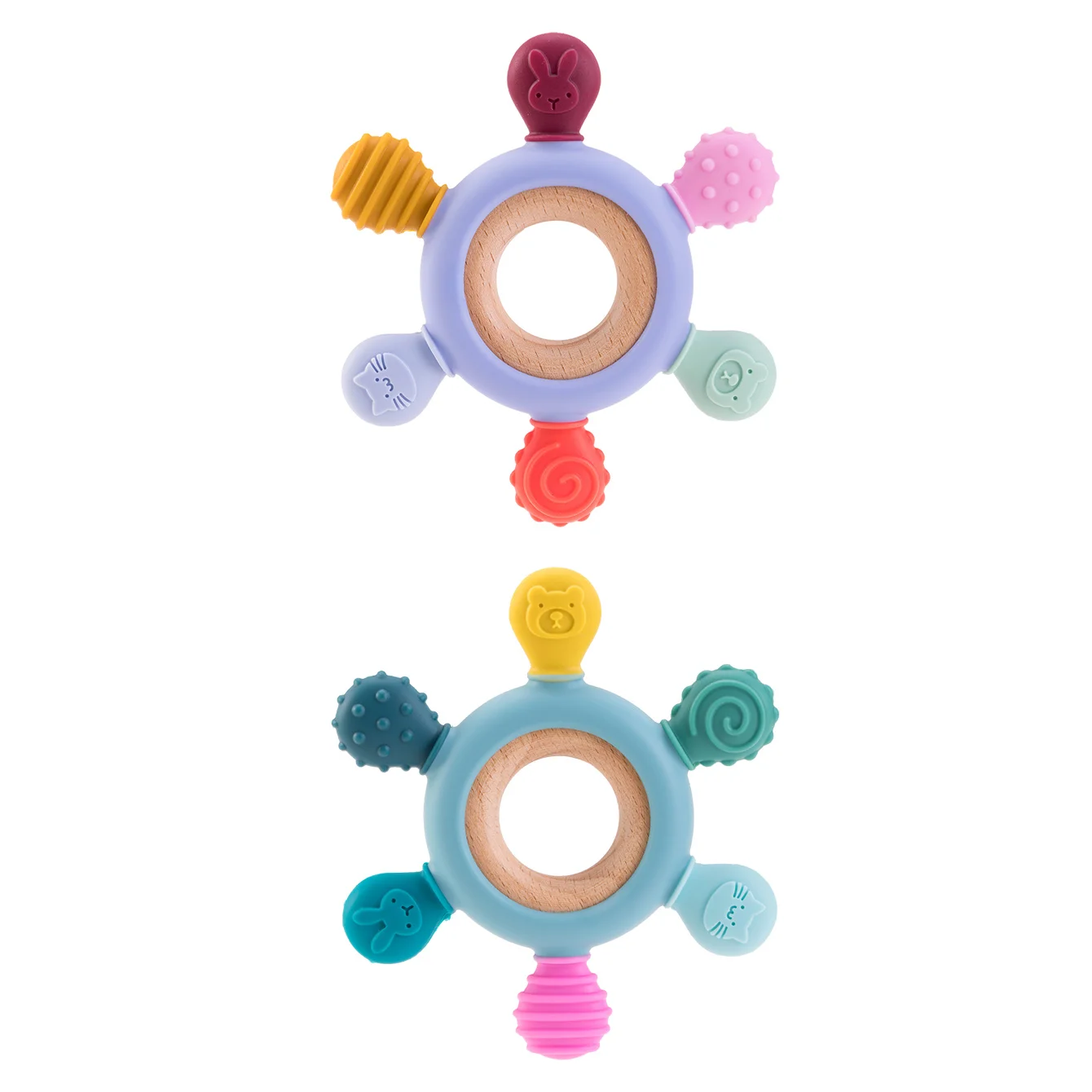 Color Kids 1PCS Silicone Baby Teether Toy BPA Free Wooden Ring Teething Chew Toy Healthy Infant Nursing Gift Newborn