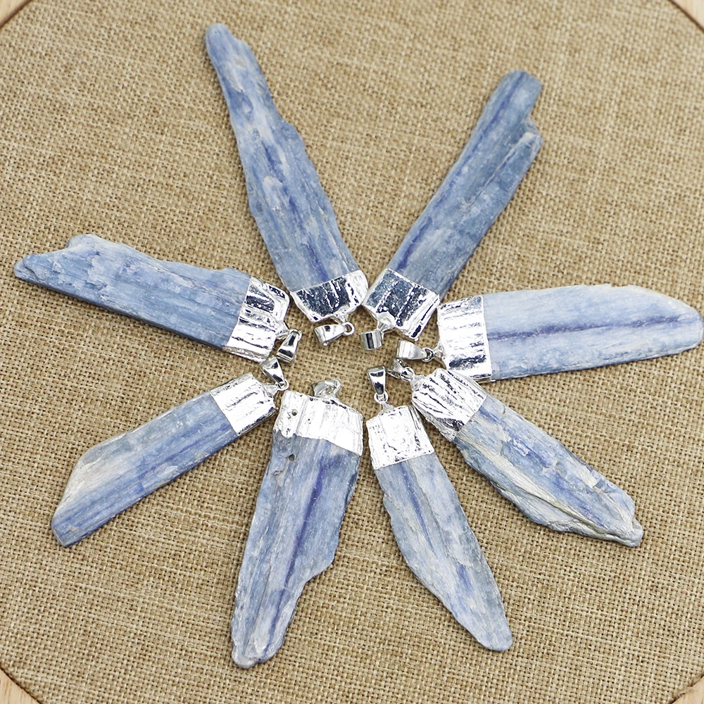 Natural Stone Kyanite Gemstone Pendants Irregular Raw Mineral Pendulum Healing Green Quartz Necklace Blue Crystal 8Pcs Wholesale