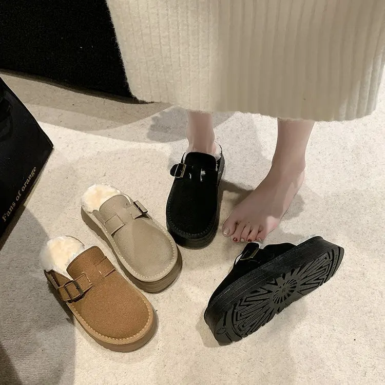 Baotou plush slippers for women wearing new winter comfortable and casual home thickened mid heel thick soled snow boots