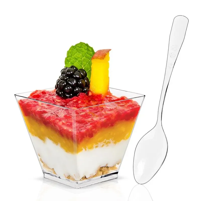 20 X 2oz Square Mini Plastic Cups With Spoons Clear Parfait Appetizer Cup for Tasting Party Desserts Appetizers