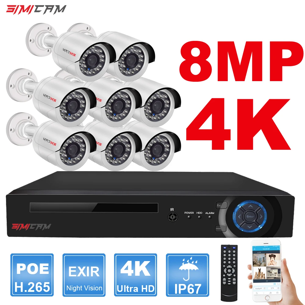 울트라 HD POE IP 보안 카메라 시스템, 4K, 8MP, NVR 키트, 오디오 출력, 도어 불릿 포함, 실내 돔 사람 탐지 비디오 감시