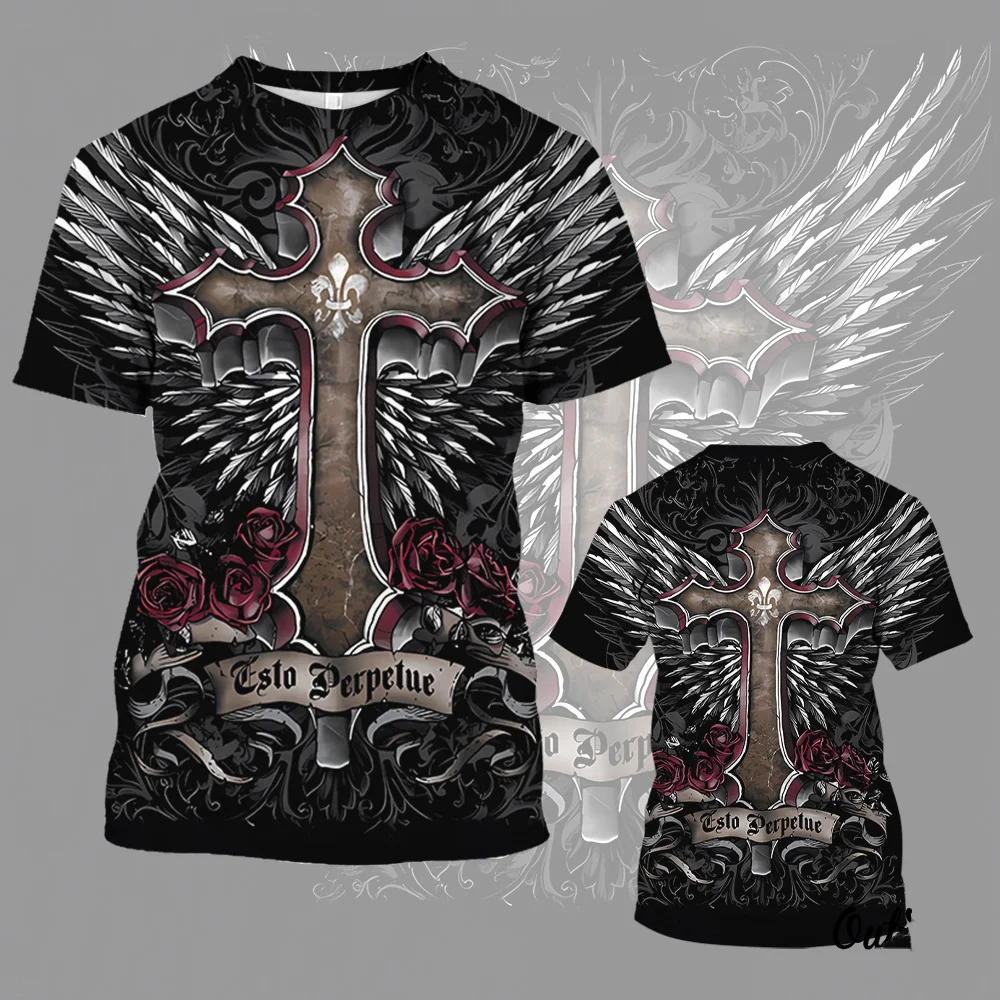 

Men's 3D Jesus Cross T-shirt, fashionable wing print short sleeved top, round neck casual summer loose hip-hop T-shirt