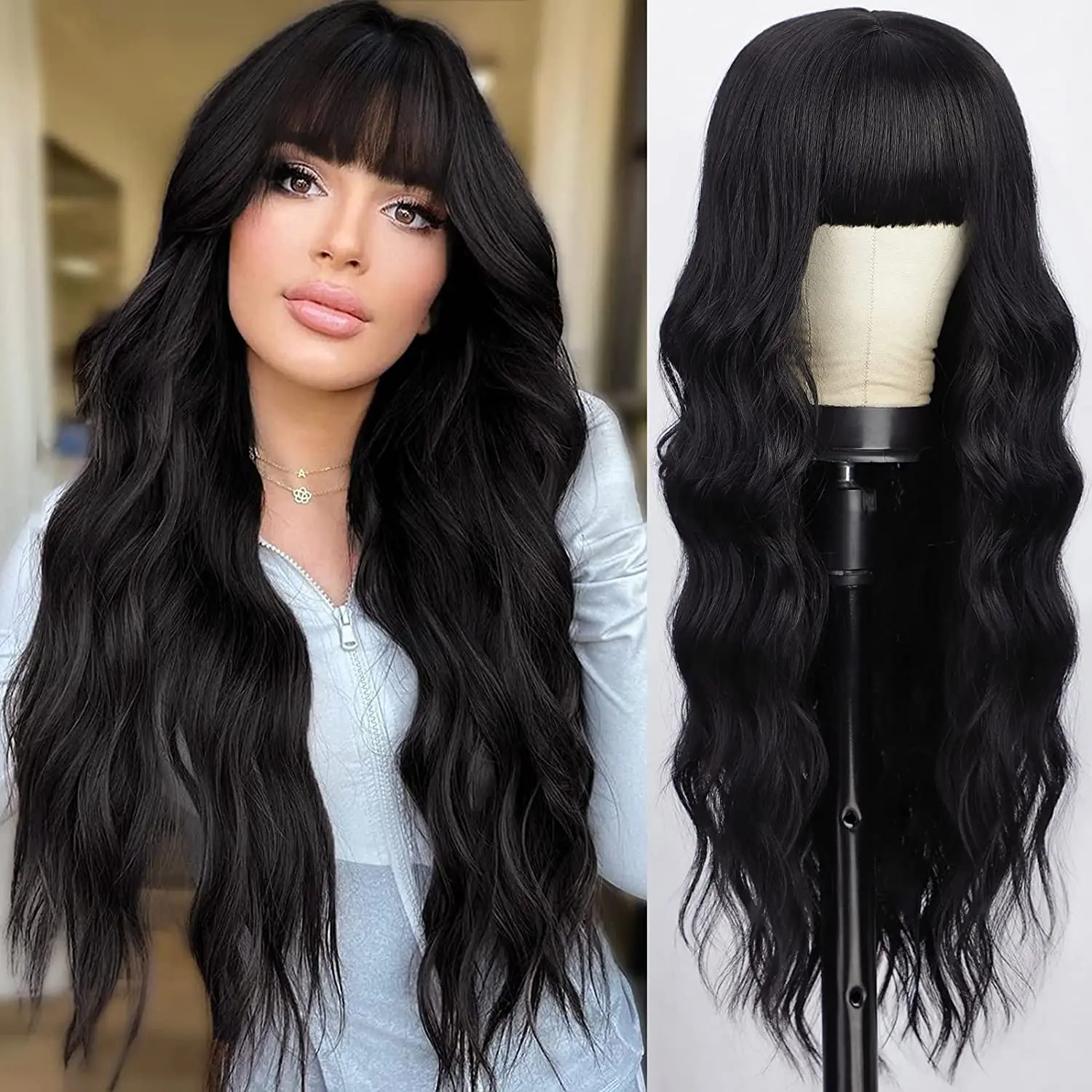 

26inch Black Wig with Bangs Long Wavy Wigs with Dark Roots Synthetic Heat Resistant Fibre Wigs for Women Curly Wig