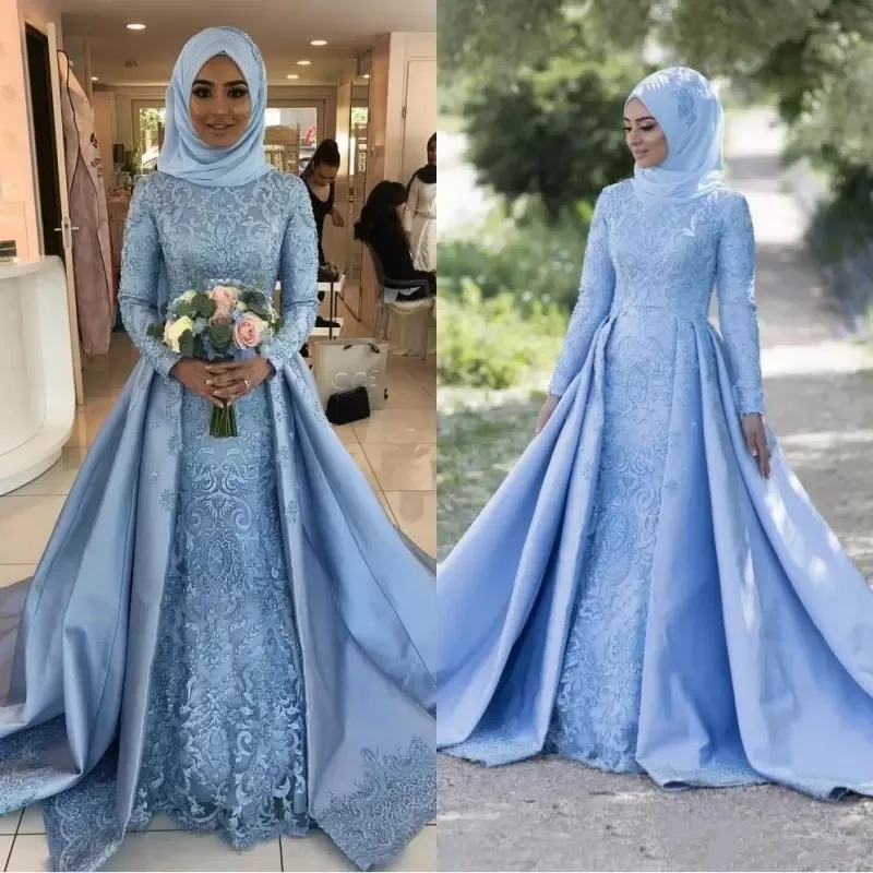 

Charming A Line Muslim Long Sleeves Prom Dresses With 3D Flowers Adorned Evening Party Gowns 2023 Modest Vestidos De Mariage