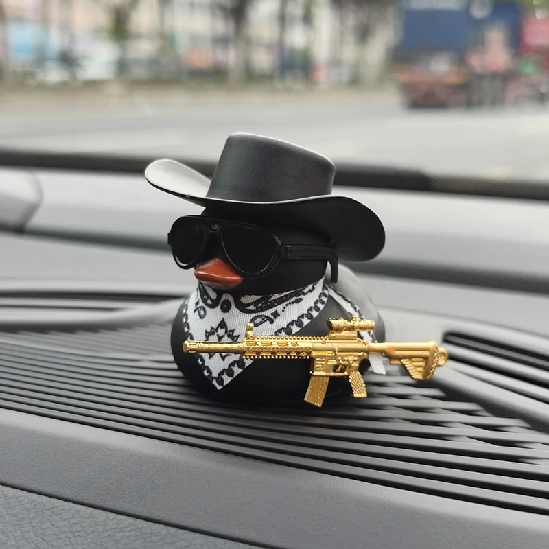 Yellow Duck Cowboy Hat Decoration with Sunglasses and Scarf - Trendy Car Interior Ornament