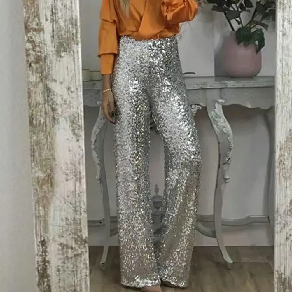 Women Pants Sequins High Waist Flared Pants for Women Shimmering Slim Fit Trousers Solid Color Elastic Streetwear Trendy Fashion