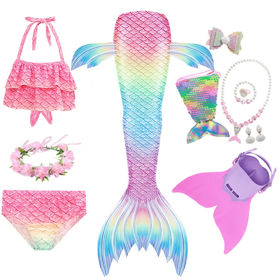 Kids Girls Mermaid Swimming Fantasy Tail Costume Cosplay Children Swimsuit Beach Bikini Can Add Monofin Fin Bathing Suit |