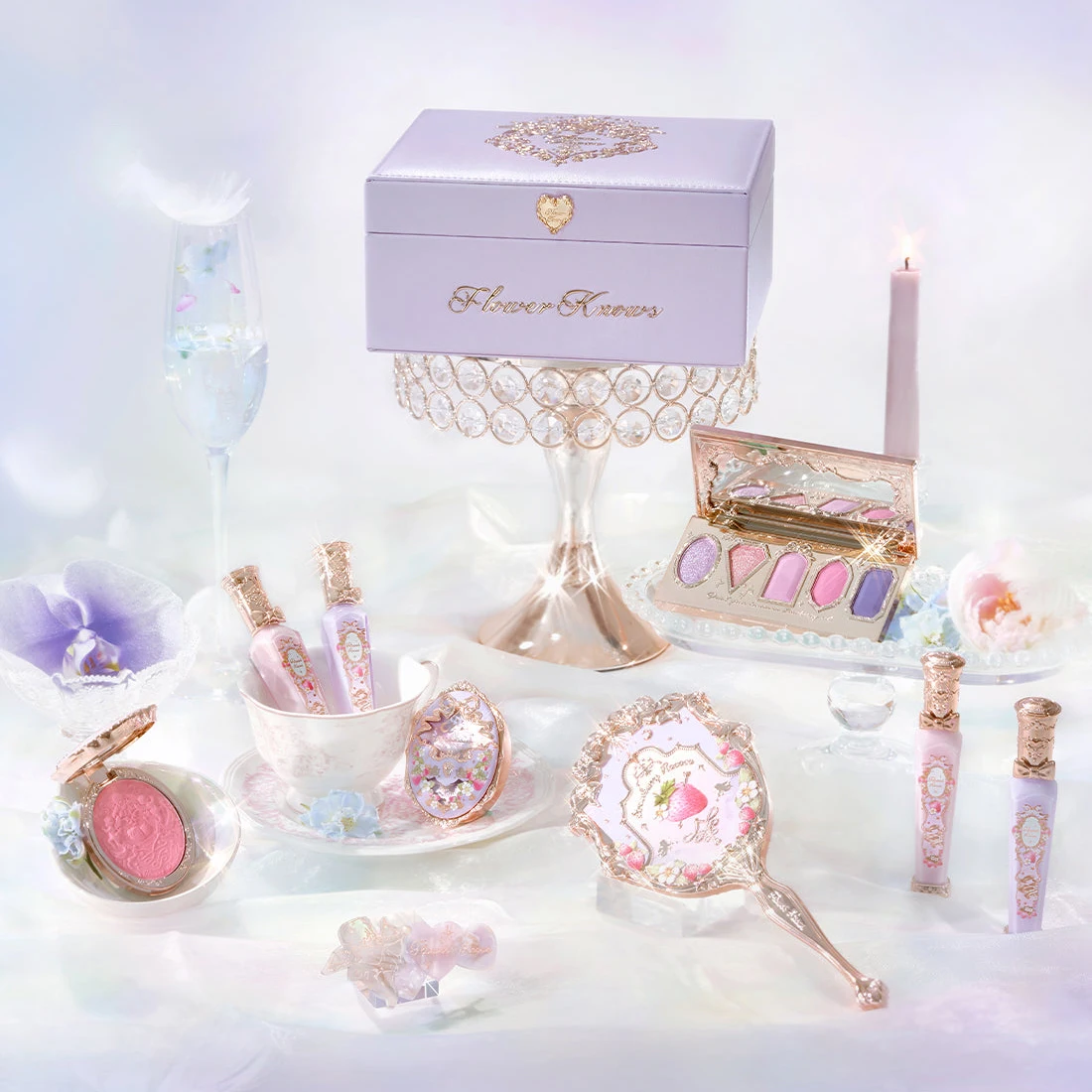 Flower Knows Strawberry Rococo All-In-One Makeup Palette Gift Set Lip Cream Embossed Blush Hand Mirror Travel Kit