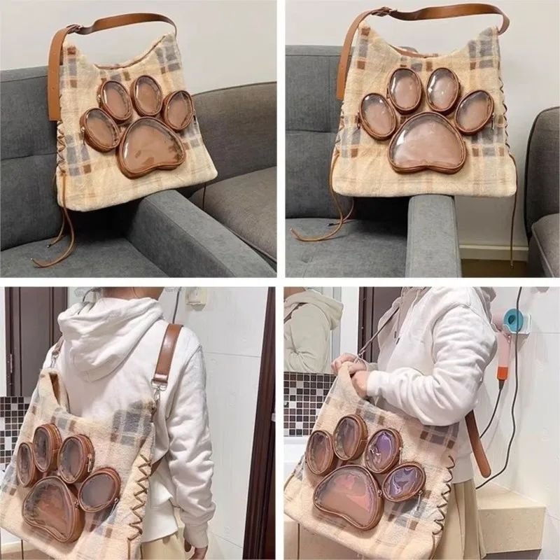 JIAERDI Sweet Cute Cat Claw Backpack Women Plush Soft Large Capacity Handbag Messenger Bag Female Transparent Mochila Aesthetic