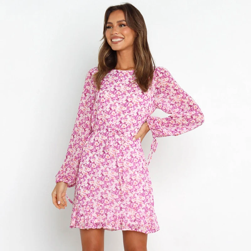 

Ardm Elegant O Neck Floral Print Long Sleeve Auturn Dresses For Women 2022 Sweet With Belt Full Mini Dress Party Dress Vestidos