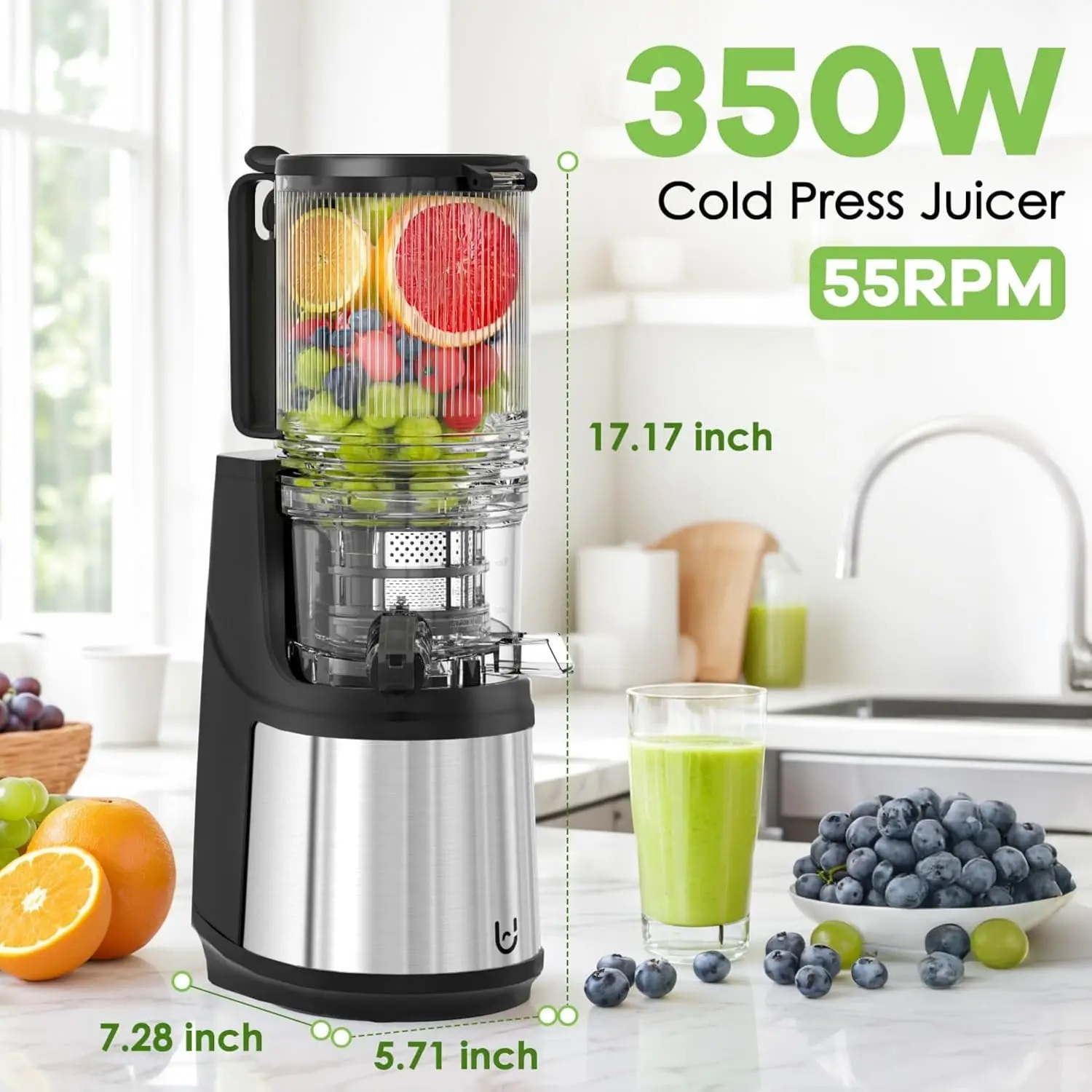 Juicer, 350W Slow Cold Press Juicer with 5.8" Extra-Large Feeding Chute, Juicer Machines for Whole Fruits and Vegeta 5