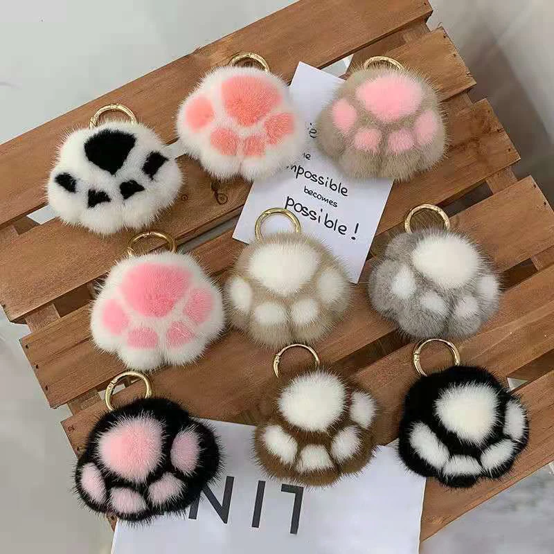 

Soft Pompom Bear Claw Key Ring Jewelry Cat Claw Women Car Key Pendant Faux Mink Fur Keychain Girl Cute Plush Bag Charm Ornaments