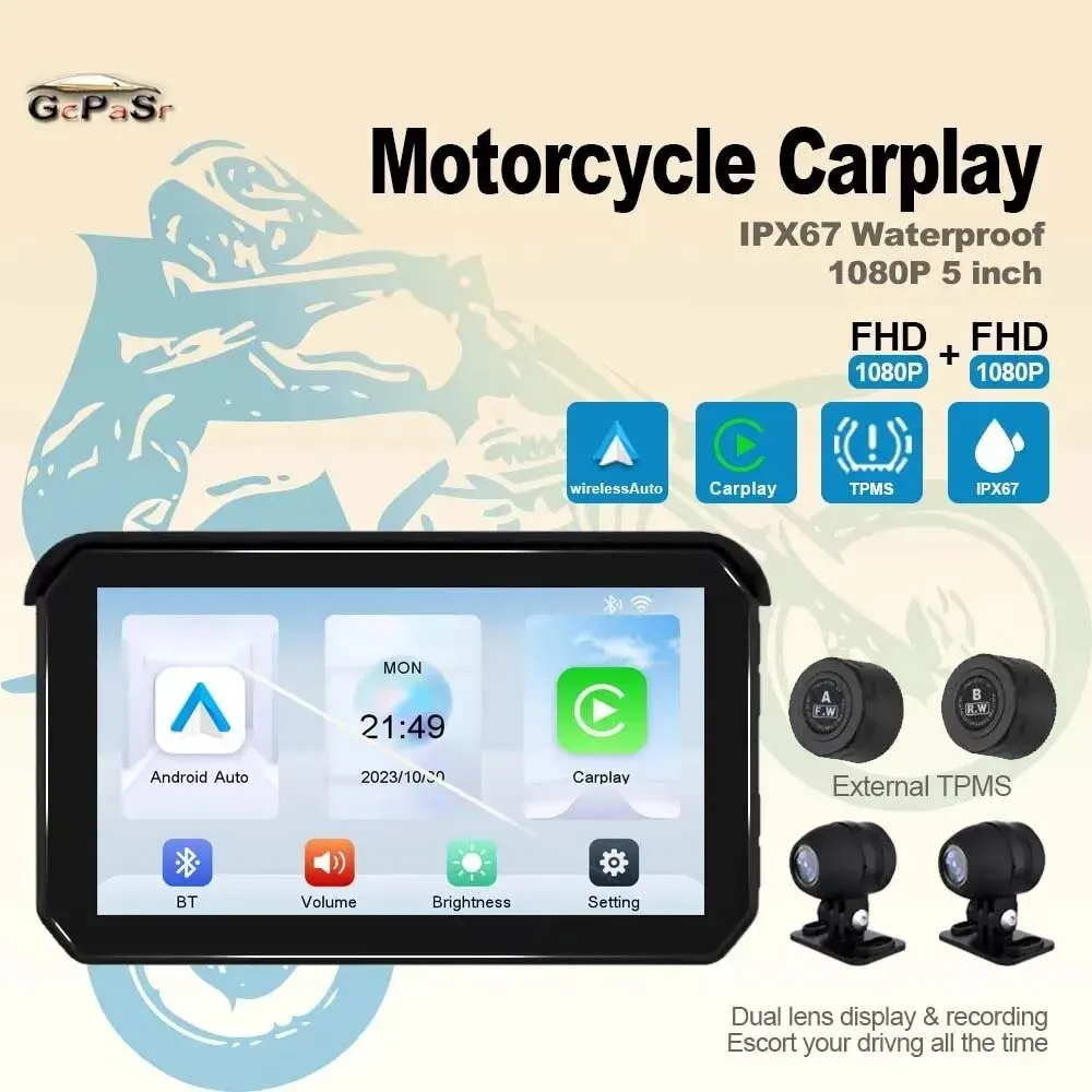 Gcpasr 5 Inch Portable Motorcycle Carplay Gps Navigation Waterproof Display Android Auto 1080p Ips Screen Dash Cam Tpms motorcycle navigation display
