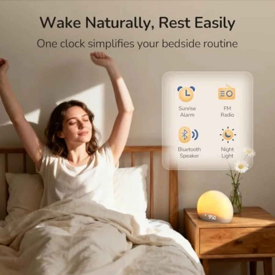 Sunrise Alarm Clock Radio for Bedroom Wake Up Naturally with Gentle Light and Nature Sounds Relax with Bluetooth Speaker and Ni 2