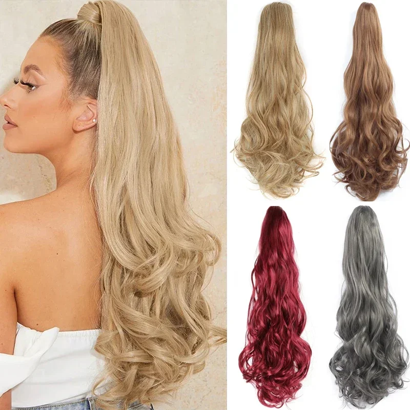 Long Wavy Ponytail Hair Extensions Claw Clip on Pony Tail Hairpiece Natural False Hair for Women 24Inches Synthetic Horse Tail