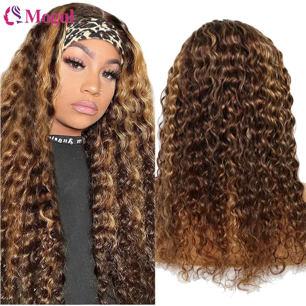 Highlight Headband Wig Human Hair 180 Density Water Wave Human Hair Wigs Honey Blonde Colored Full Machine Made Wig