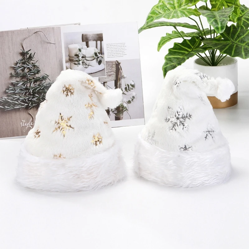 Soft White Xmas Hat Plush Santa Hat Men Women Universal Size Christmas Decors