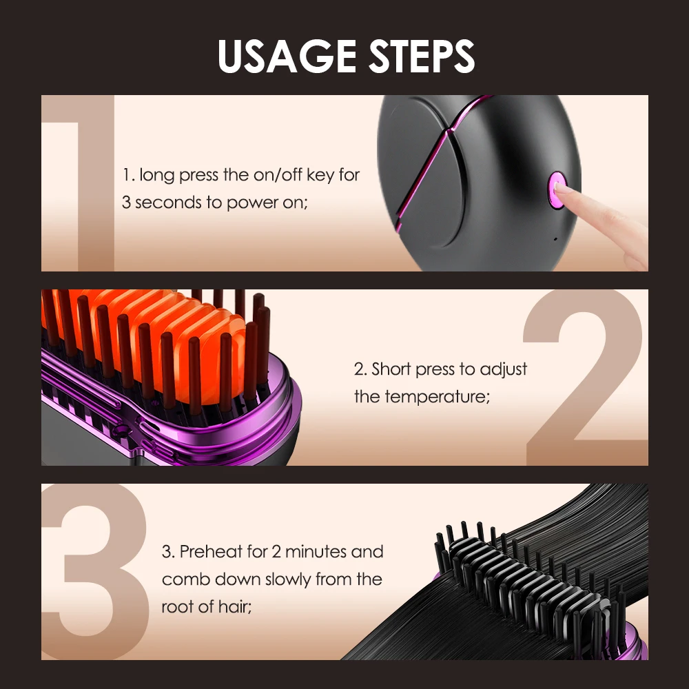 Portable Mini Straightening Comb USB Rechargeable Travel-Friendly Hair Straightener Brush Anti-Scald Cordless Hair Straightener 5