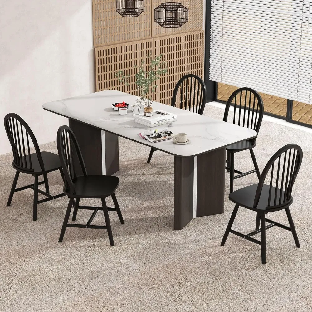 18" oak dining chairs set of 6, wood windsor chair with spindle back for country farmhouse kitchen island