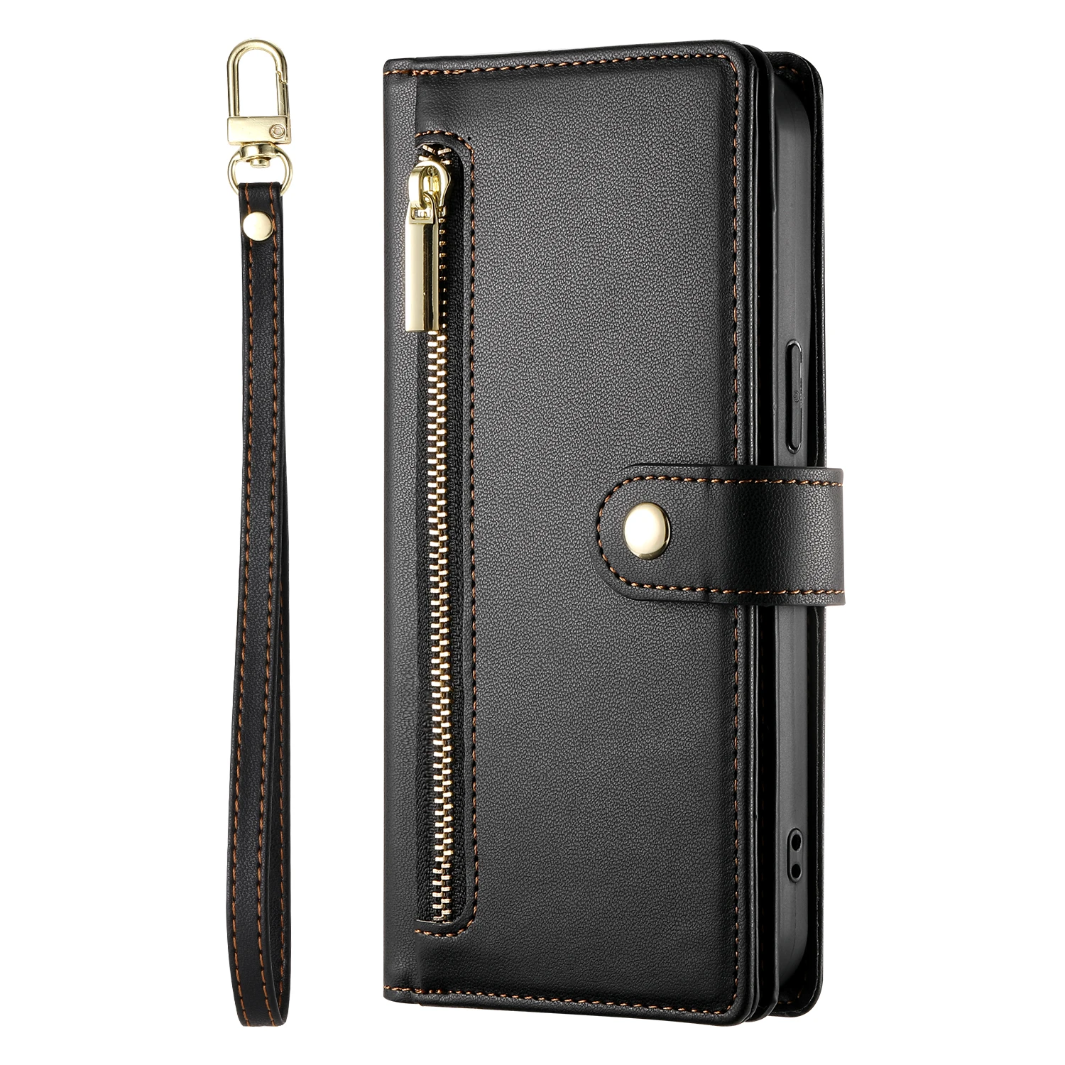 Étui portefeuille en cuir à fermeture éclair pour iPhone 15 Pro Max 16 14 Plus 13 12 11 SE4 XS MAX avec lanière et poche pour cartes_voghion.com