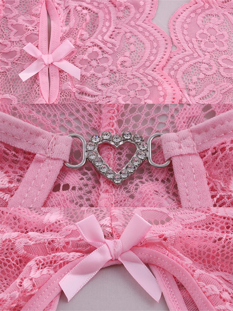 Sexy Lingerie Women Hollow Erotic Pajamas Lace Nightdress Sex Babydolls Crotchless Clothes Transparent Dress Pink Party Nighties