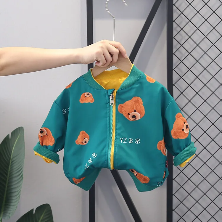 Kids Baby Boys Outerwears Spring Autumn Cartoon Bear Reversible Cotton Toddler Boys Coat Zipper Children Jacket