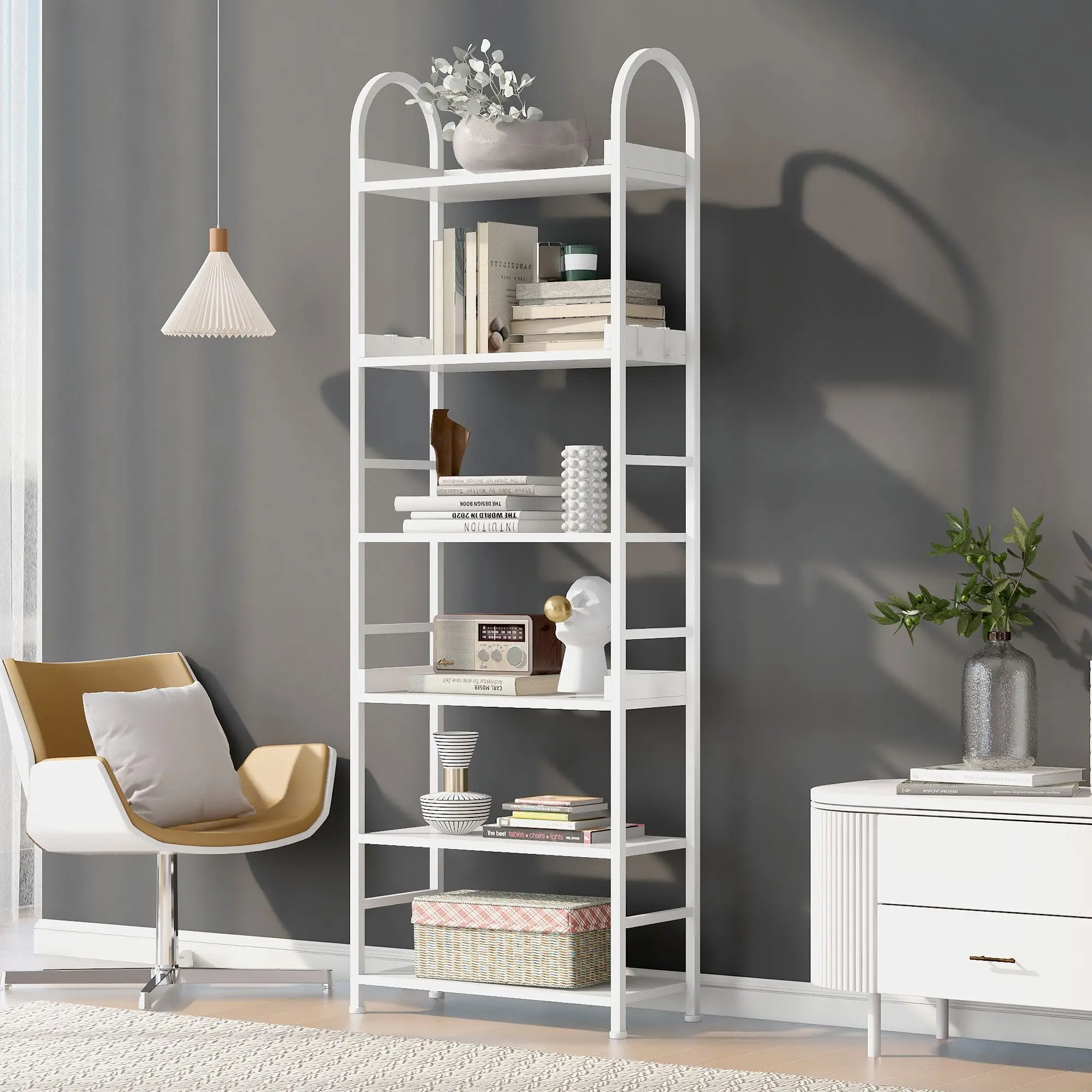 

70.8 Inch Tall Bookshelf, 6-tier Shelves with Round Top Frame, MDF Boards, Adjustable Foot Pads