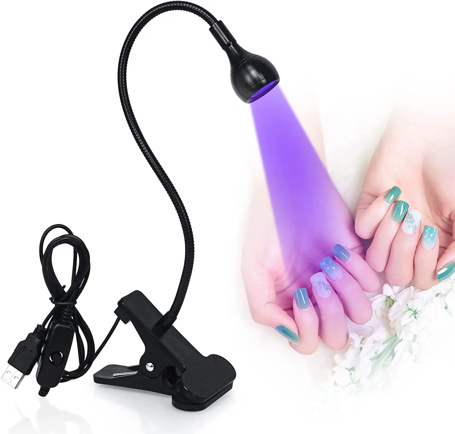 Nail Lamp,Black 3W LED Nail Manicure Dryer 395NM Curing Light with Gooseneck and Clamp for Gel Nails