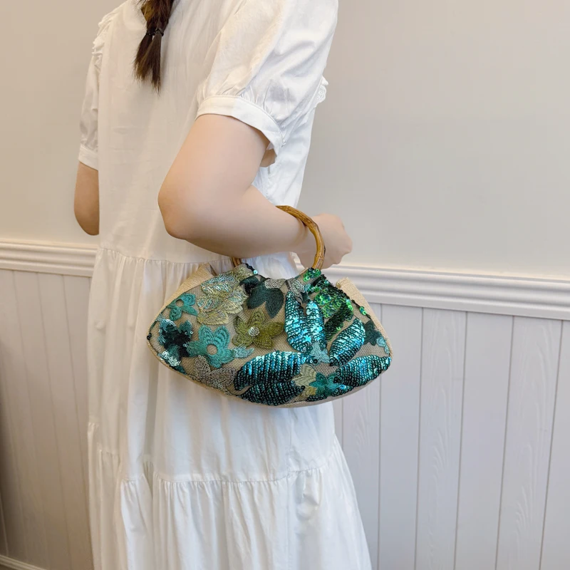 Floral Sequin Metal Top Handle Bag for Women Girls Pleated Clutch Purses Evening Clutch Bag Wedding Guest Dress Party Clutches