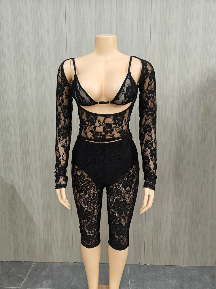 Y2k Sexy Damenkleidung 2-teilige Sets Mesh Durchsichtige Crop Tops und Shorts Anzüge Streetwear Frühling Trendige Midnight Club Outfits – Detail 6