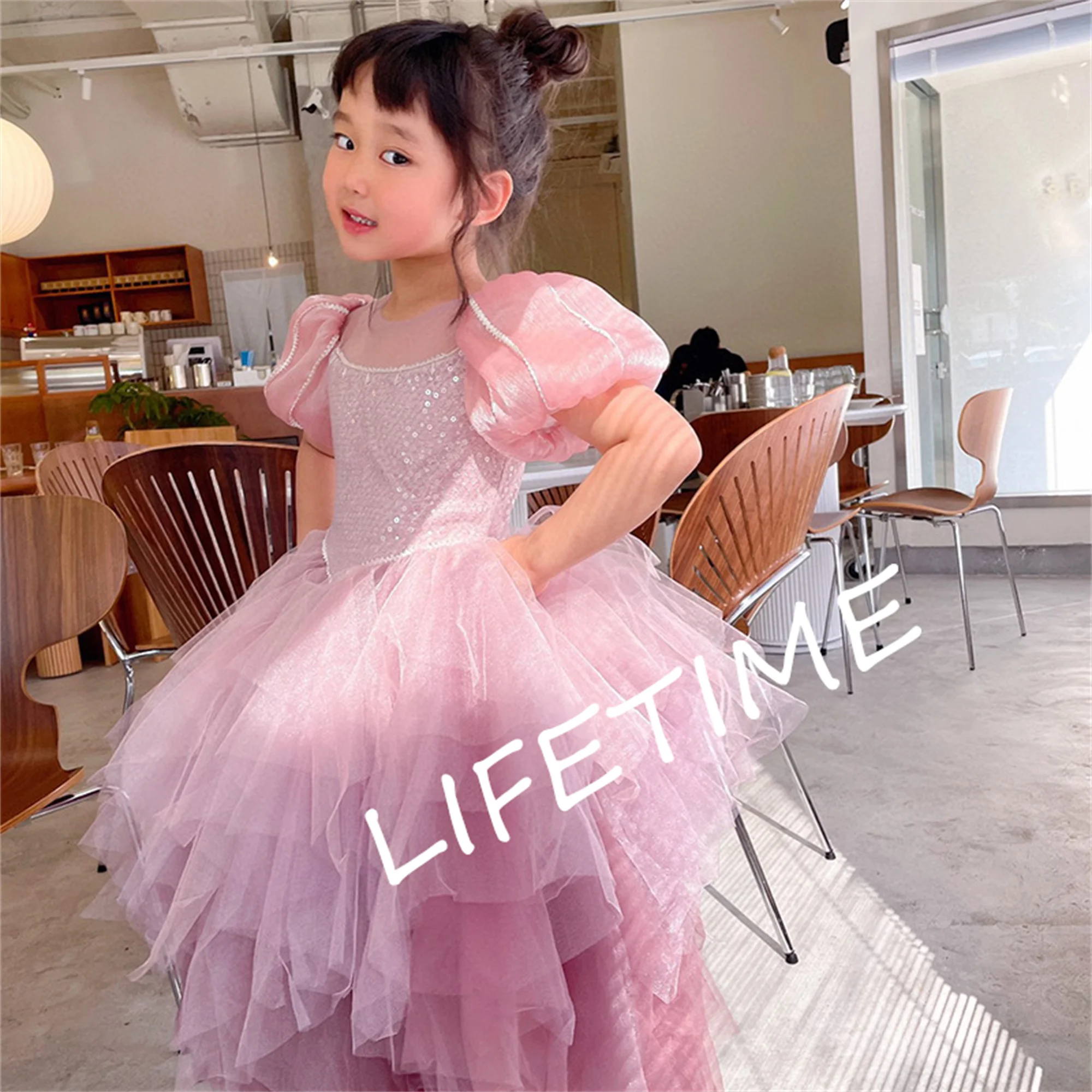 

Sequins Flower Girl Dress Exquisite Sparkly Party Kids Birthday Lantern Sleeve Tea Length Princess Irregular A-Line Dresses