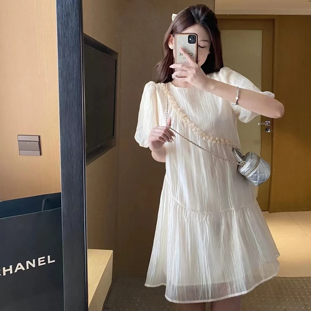 

Fashion Maternity Dress Sweet Ruffles Patchwork O-neck Puff Sleeve Pregnant Woman Chiffon Dress Sweet Pregnancy Ball Gown Dress