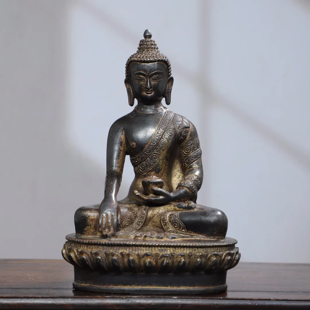 

9"Tibet Temple Collection Old Bronze Cinnabar Mud gold Amitabha Shakyamuni Buddha Lotus Platform Worship Hall Town house