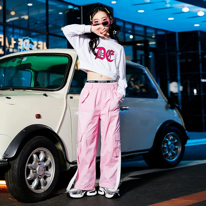 

New Jazz Modern Dance Costumes For Girls Hoodie Tops Pink Pants Suit Kids Clothing Hip Hop Dancing Performance Clothes DN16771