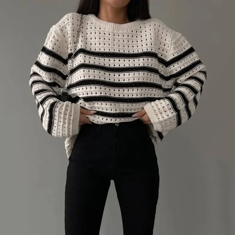 

Women Striped Printed Sweaters Korean Long Sleeve Hollow Out Knitted Pullovers Casual Harajuku Knitwear Fall Loose Jerseys HY023
