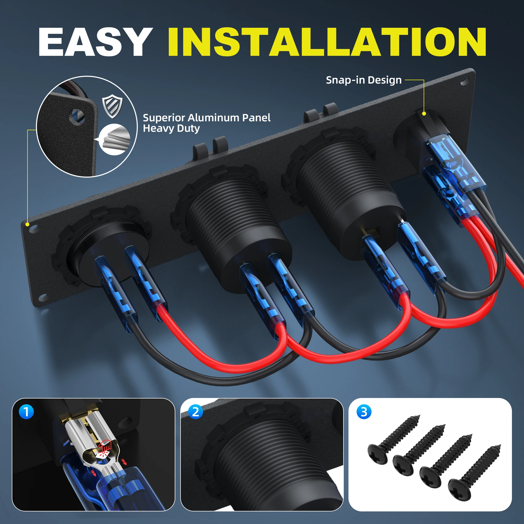 4 in 1 12V USB 패널(LED 전압계, 듀얼 USB 충전 소켓, 전원 및 시가 라이터 소켓, LED 조명 토글 스위치 포함)