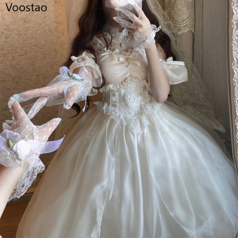 Sweet Lolita Princess Jsk Dress Women Elegant Mesh Lace Pearl Bow Party Wedding Dresses Girly Kawaii Sleeveless Trailing Dress