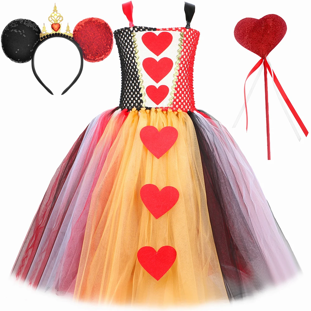 

Evil Red Queen of Hearts Costumes for Girls Alice in Wonderland inspired Long Tutu Dress Kids Halloween Outfits with Crown Wand