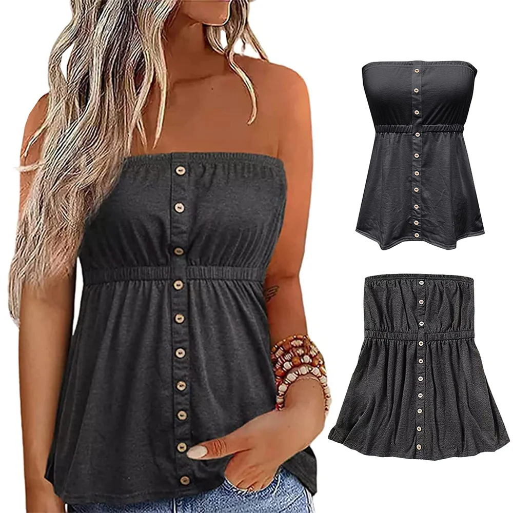 Douhoow Women Tube Top Summer Button Strapless Bandeau Tank Crop Tops Solid Elastic Design Backless Breathable Pleated Tops