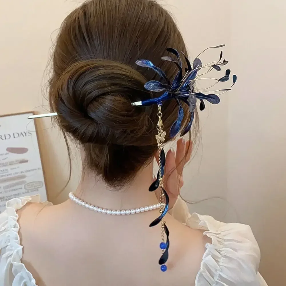 Chinese Style Spider Lily Flower Hair Sticks Super Fairy Vintage Dripping Oil Tassel Hairpins Wedding Hanfu Chopsticks