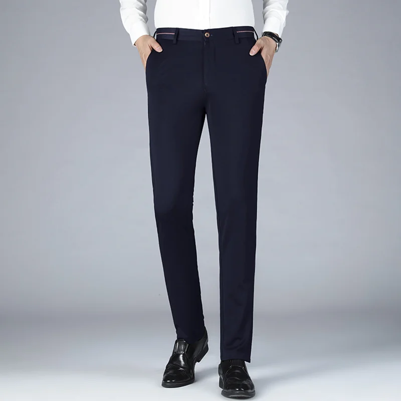 

2023 Mens Work Business Casual Pants Solid Thin Slim Fit Elastic Waist Slacks Male Vintage Straight Trousers Office Suit Elegant