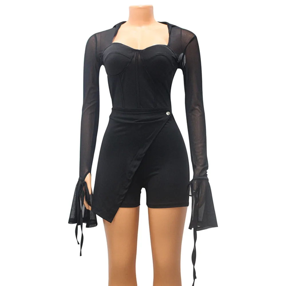 BKLD Summer Clothes New Romper For Women Solid Color Sexy Mesh Perspective Flare Sleeve Jumpsuit Shorts Night Club Outfit