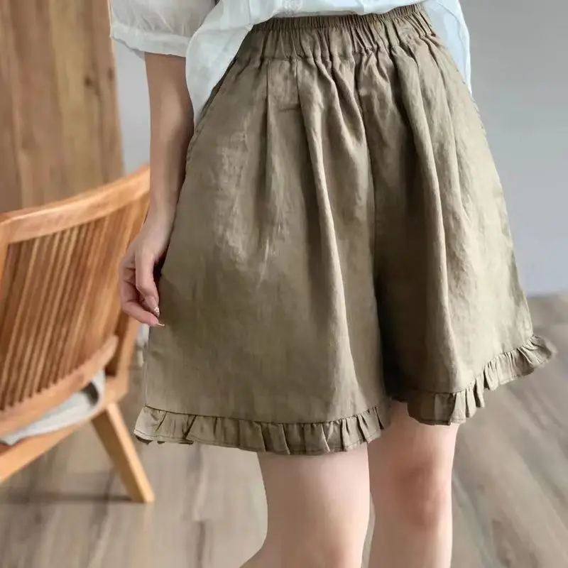 Minimalist Commute 2024 Summer Shorts Women Solid Pockets Ruched Breathable Quick Drying Loose Casual Cotton Hemp Wide Leg Pants