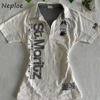 Neploe Summer New Fairycore Y2K T-shirt Vintage Slim Waist Print Short All-match Women Clothing Harajuku Office Lady Simple Tops 1