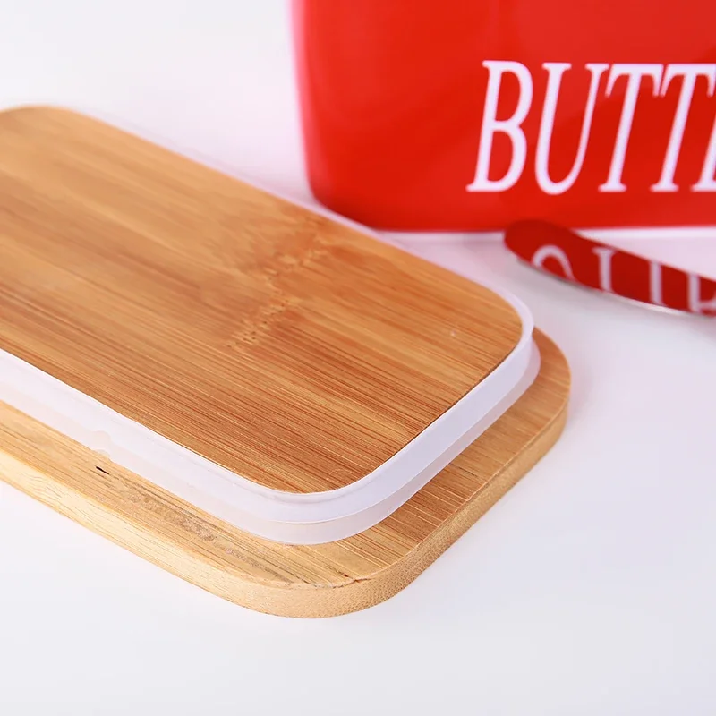 Wooden Cover Ceramic Butter Box Spatula Knife Sealed Fresh Butter Box Rectangular Kitchen Storage