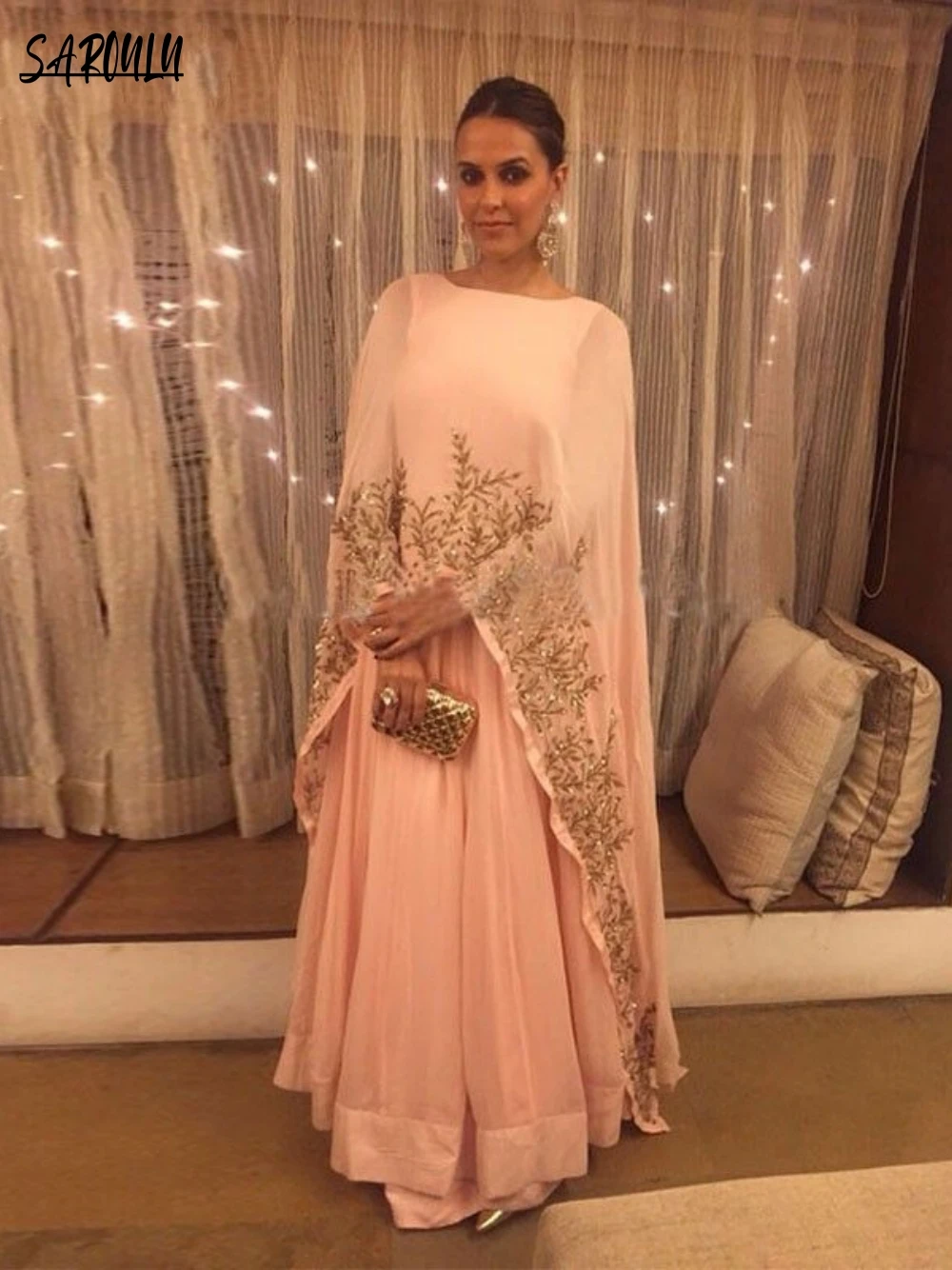

Saudi Arabic Formal Evening Dress Muslim A-line O-neck Plus Size Eleagnt Appliques Floor-length Dress Robe De Mariée