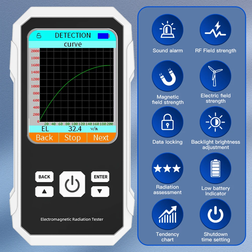Radiation Detector Emf Meter Tester Electromagnetic Radiation Detector Backlit Color Screen EMF Meter Electric Field Magnetic Field RF Radiation Tester Sound Alarm