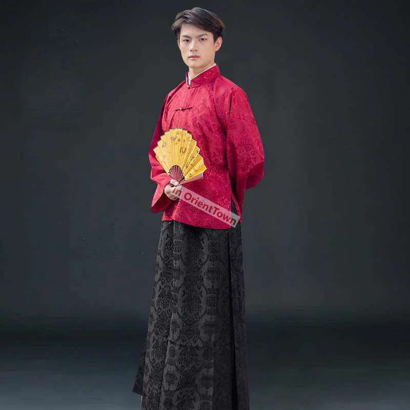 Mens Cotton Linen Gold Red Blue Black Mandarin Jacket Long Robe Male 1900-1949 Traditional Chinese Streetwear Tang Suit