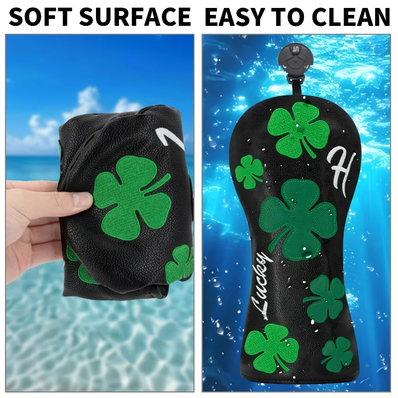 Lucky Charm Golf Putter Head Cover – Deep Black with Green and White Clovers Design