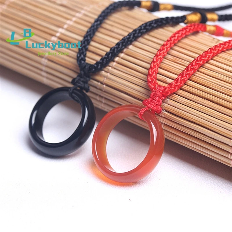 Цепочка с подвеской-кольцом для мужчин и женщин, ювелирное изделие с цепочкой до ключиц, цвет натуральный черный, красное